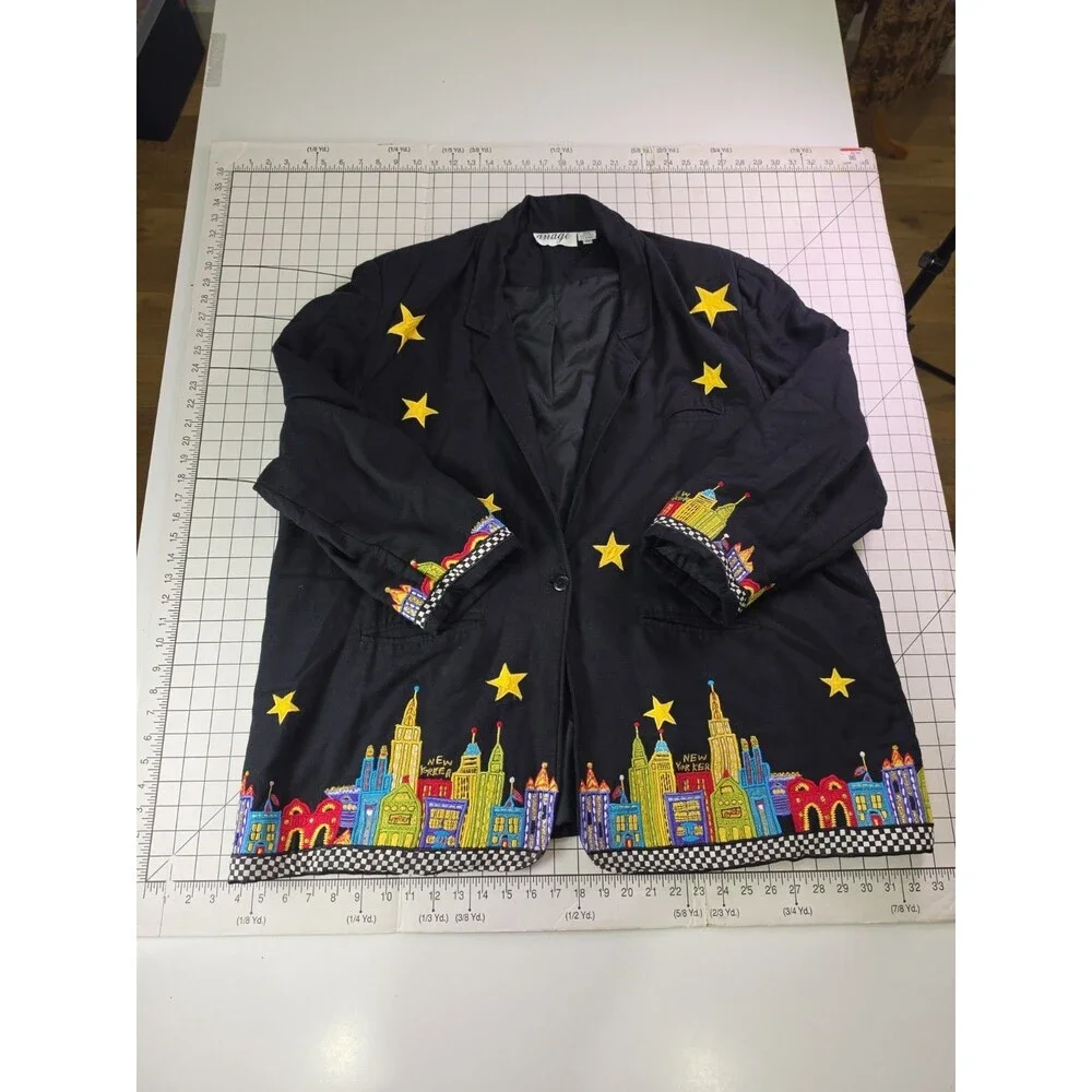 Vintage Womens Anage City Scape New Yorker Blazer Jacket 2X Embroidered Stars